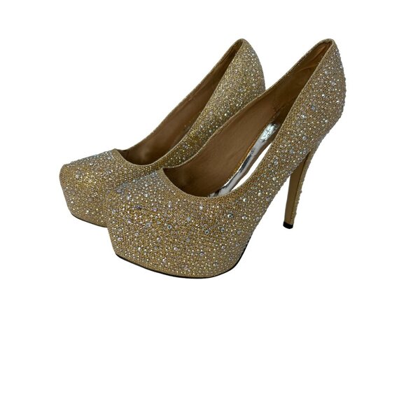 Eye Candie Women's Size 8 Gold Rhinestone Platform Stiletto ‎ Glam Party Pumps - Picture 2 of 16